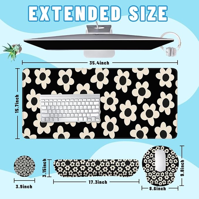 Flowers Mouse Pad Set Minimalist Retro Daisy Gaming Mousepad 4in1 Desk Mat for Desktop Wrist Support Cup Coaster Set Ergonomic Computer Desk Arm Wrist for Decor Home Office