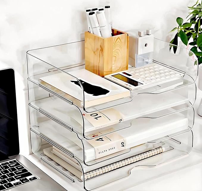 DCA 4 Tier Large Capacity Desk Organizer, Clear Stackable Paper Tray | High-Volume File Storage | Office, Home & School Use | Easy Assemble | Letter & A4 Compatible