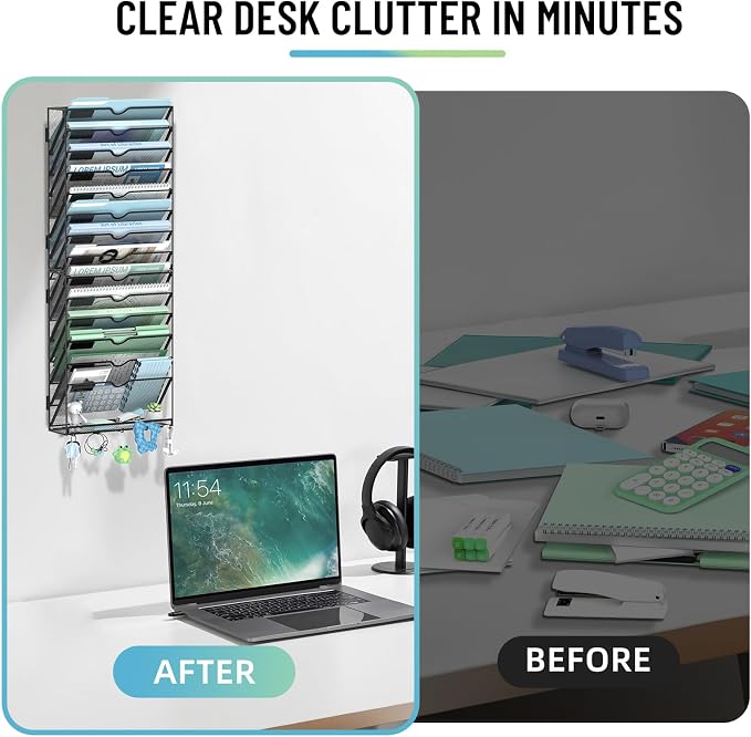 15-Tier Wall File Organizer with 5 Hooks, Wall Mounted Mail Organizer | File Holder Organizer, Metal Mesh Office Wall Organizer for Home, School & Classroom