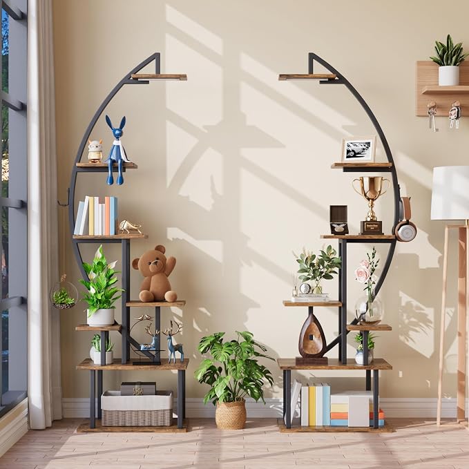 Tall Bookshelf with Lights, 2 Pack Ladder Bookcase, 7 Tier Arched Home Office Storage Book Collectibles Shelves, 64" Modern Corner Display Shelf for Bedroom Living Room Balcony, Rustic Brown