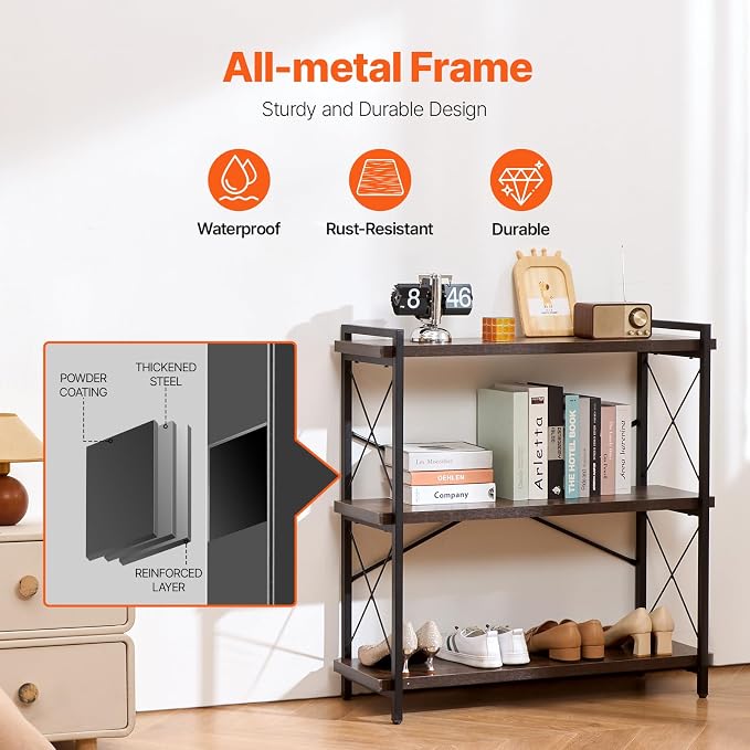 VEVOR Metal Bookshelf, 3-Tier Industrial Bookshelf, Small Rustic Storage Display Bookcase with Open Shelves, Freestanding Display Vintage Shelving Unit Storage Rack, for Living Room, Bedroom & Office