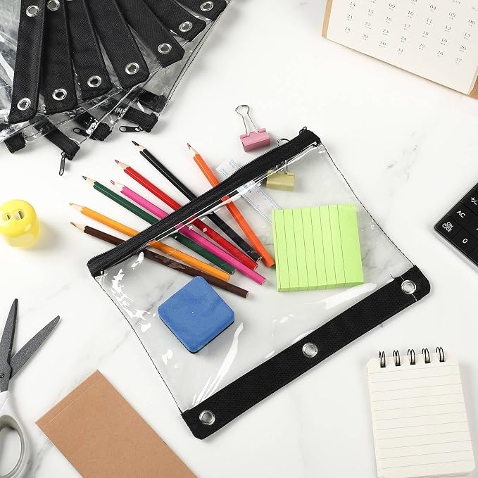 24 Pack Pencil Pouches for 3 Ring Binder Bulk Enlarge Clear Window Pencil Pouches Zipper Pen Case 3 Reinforced Grommet Pen Bag for Binder Utensil Organize Office Supplies(Black)