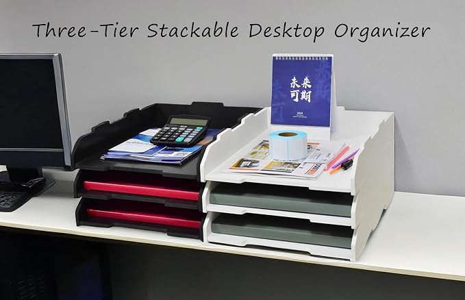 A3 Stackable Paper Tray, 3 Tier Desk File Organizer, Desktop Organizer for Office Supplies, File Storage, Letter Organizer /A3 Office File Folder,Home or Office School, White (Portrait-White-3-Tier)