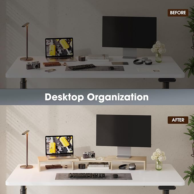 FITUEYES Dual Monitor Stand Riser, Adjustable Length and Angle, Oak | Wooden 3-Shelf Design, Supports up to 55lbs, Flexible for Standard Corner Space, Holds Monitor, Laptop, Phone, Printer