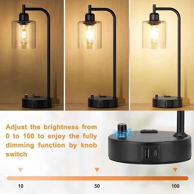 Industrial Bedside Lamps Set of 2, Fully Dimmable Desk Lamps for Bedroom | Glass Shade, USB C+A Charging Port & Outlet, Black Nightstand Table Lamps for Living Room, Office, Reading, Vintage