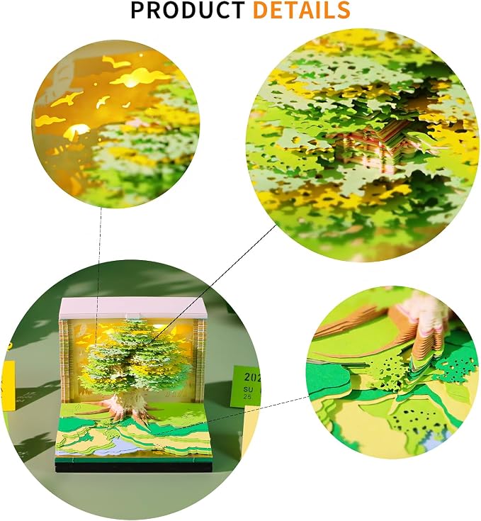 3D Time Piece Calendar, 2027 Desk Calendar With LED Light, 3d Tree Memo Pad Creative Desk Calendar, Christmas Gift for Colleague Friend, Desktop Decoration(Lucky tree)