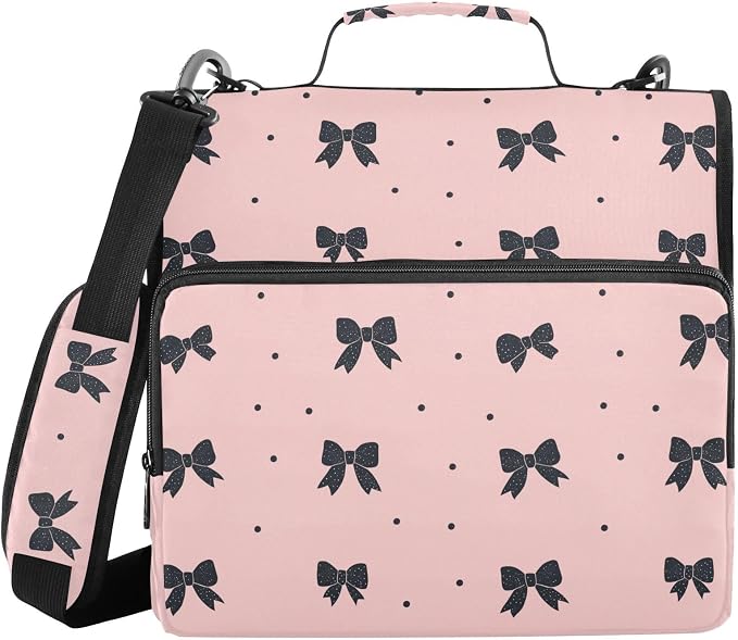 Black Bow Dot Pink Zipper Binder with Shoulder Strap Trapper Keeper 3 Ring Binder Organizer Large Capacity Multiple Compartments for School Office