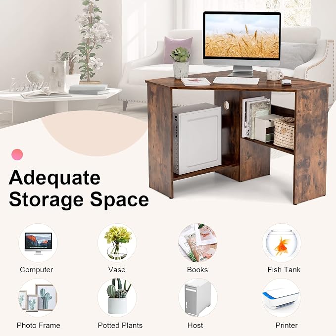 Tangkula Corner Desk, 90 Degrees Triangle Computer Desk for Small Space, Bedroom Makeup Vanity Desk with Storage Shelves & CPU Stand, Space Saving