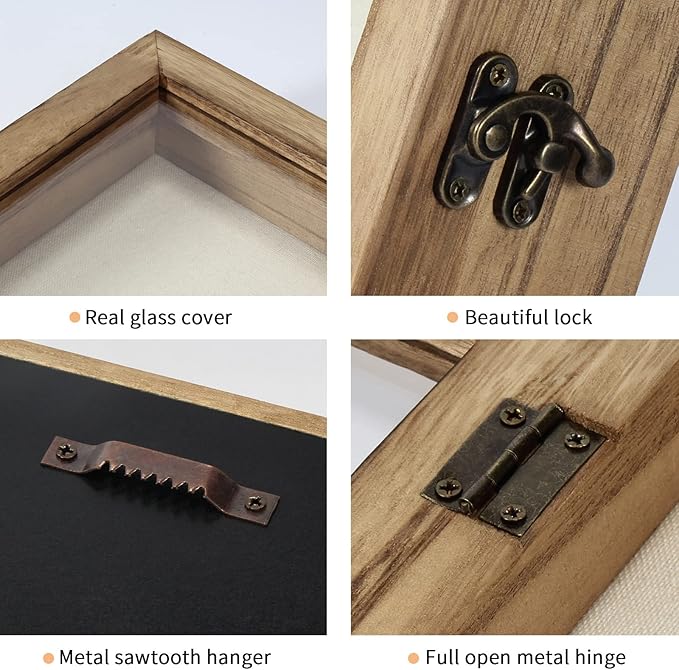 TJ.MOREE Shadow Box 12x12 Memory Display Case Wood Picture Frame Carbonized | Fits 10.6x10.6 Inserts with Linen Back & Glass, Rustic Keepsake Box for Pet Memorabilia Gifts Wedding Bouquet Military Medals