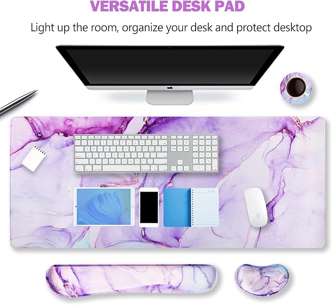 Large Gaming Mouse Pad, Keyboard Wrist Rest Pad & Wrist Support Mousepad Set, Stitched Edge, Extended, Non-Slip Base, Memory Foam,Multifunctional Desk Mat for Office & Home, Purple Blue Marble