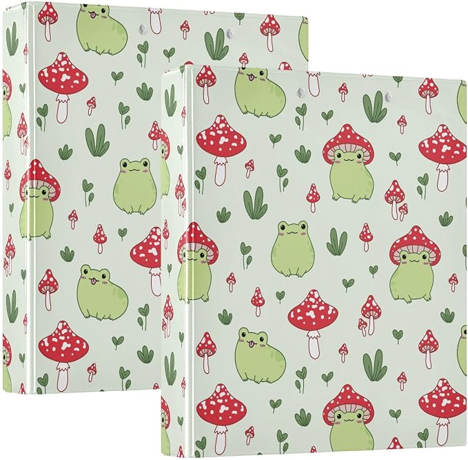 Cute Mushroom Frog Kawaii Frog Binder 1.5 Inch Binder with Clipboard&Pockets, Hardcover Binders 3 Ring, Heavy Duty Large File Folder for Office School Supplies - Holds 200 Sheets, 2 PC