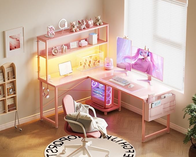 AODK L Shaped Desk Gaming Desk with LED Light & Power Outlet | 53 Inch Pink Reversible L Shaped Computer Table with Shelf & Storage Bag & Hook for Home Office