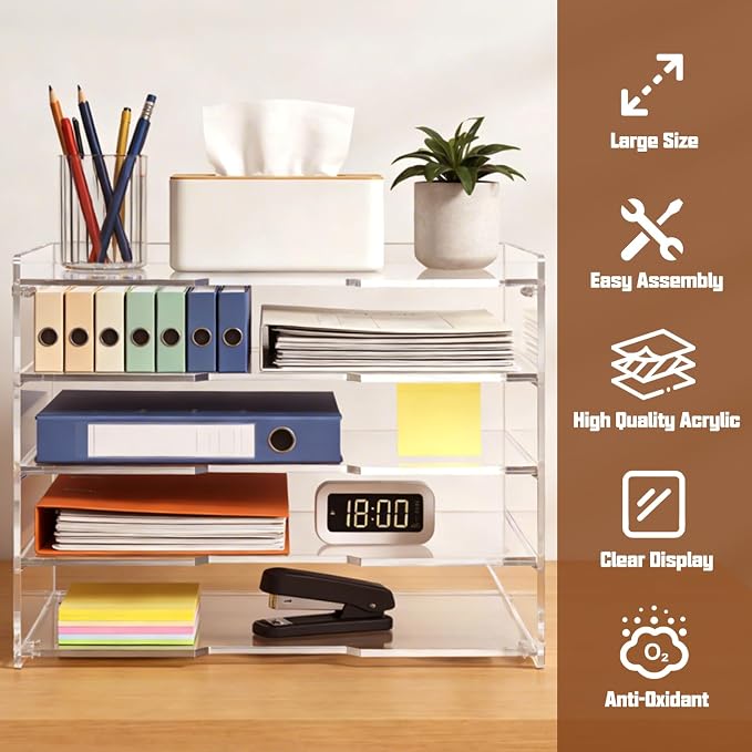 Leffis 5 Tier Acrylic Desk Organizer, Clear Paper File Folder Holder Letter Tray, Desktop Document Sorter for Office Home School Classroom, Tiered Storage Rack for Papers Bills Mail Supplies
