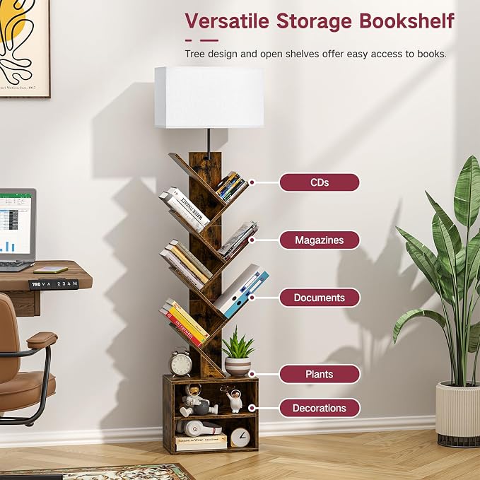 9 Tier Tree Bookshelf with Light, Remote, Timer & Cabinet, Dimmable Modern Tall Floor Standing Corner Book Shelf, Small Narrow Wood Bookcase for Living Room, Bedroom, Office(Rustic Brown)