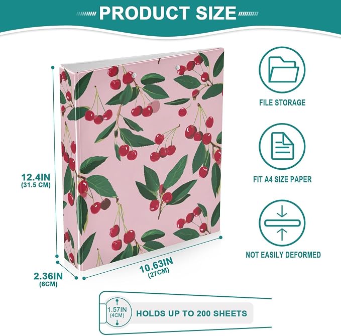 Green Leaf and Pink Cherry Binder 3 Ring 1.5 Inch Binder with Clipboard&Pockets, Hardcover Binders Heavy Duty Large File Folder for Office School Supplies - Holds 200 Sheets