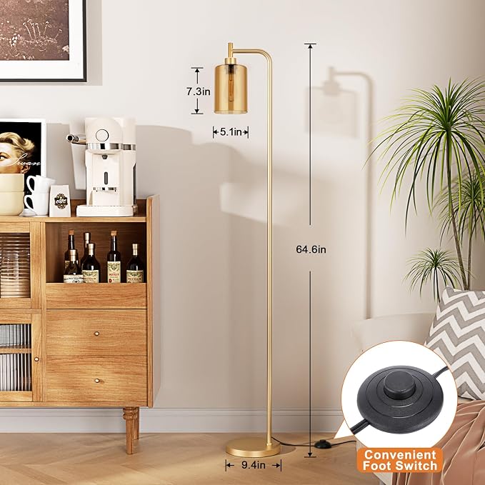 Ziisee Floor Lamps for Living Room - Gold Standing Lamp with Amber Glass Shade, Modern Floor Lamp with LED Bulbs, Bright Industrial Floor Lamp for Bedroom, Farmhouse Tall Lamp for Office