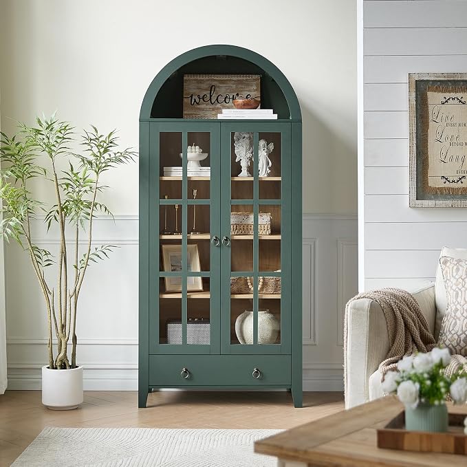 RowyPoey 71" Tall Arched Cabinet Bookshelf with Glass Door & Storage Drawer | Modern Farmhouse Display Cabinet,Adjustable Shelves,Wood Kitchen Pantry for Dining Room,Living Room,Office,Green
