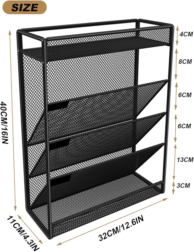 5 Tier Mesh Wall File Organizer,3 Pockets vertical Mount Hanging Organizer with Top/Bottom Tray | 2 Hooks | Wall Mount & Door Hanging for Office Home