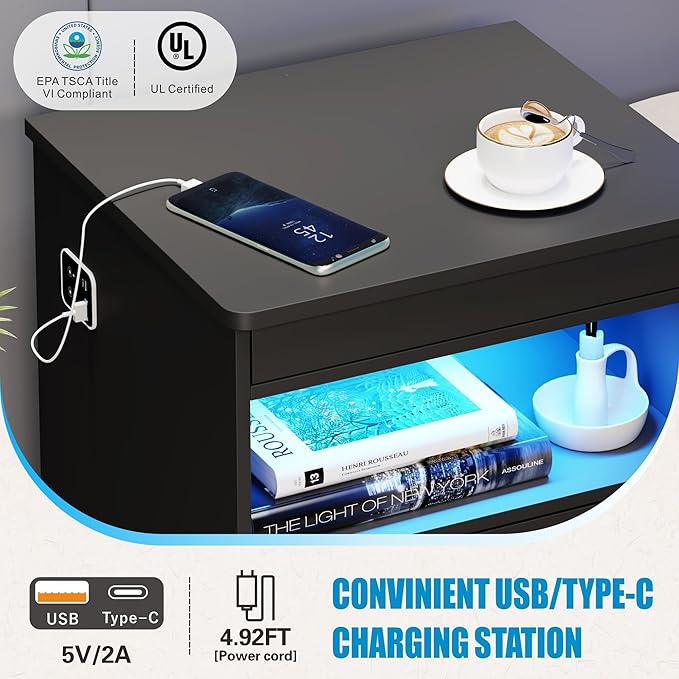 LED Nightstand with Gun Drawer & Charging Station | 3-Color Lights & Human Body Sensor, Smart USB Type-c, 2 Drawers Hidden Storage, End Table Bedroom Livingroom