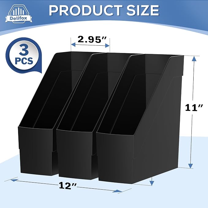 Delifox 3 Pack Magazine Rack, Plastic File Folder Bin Desk Organizer, Black