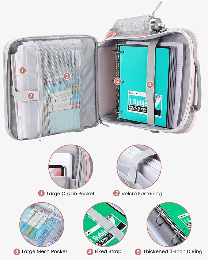 Zipper Binder 3 Inch D-Ring 3 Ring with Water Bottle Holder | Binder with Strap for School/Office, 700 Sheet Capacity-Multiple Pockets, Fit for 13" Tablet/Laptop, Pink