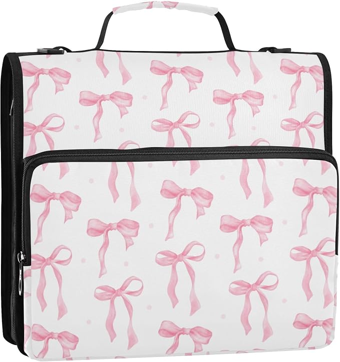 Coquette Ribbon Watercolor Zipper Binder with Shoulder Strap Bag 3 Ring Binder Organizer Large Capacity Multiple Compartments for School Office