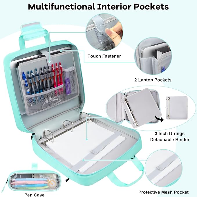 3 Inch D-Ring Zipper Binder Bag, 700 Sheet Capacity Multi-Pockets Organizer, 13 Inch Laptop Carrying Case with Bottle Holder& Shoulder Strap for School Office (Blue)