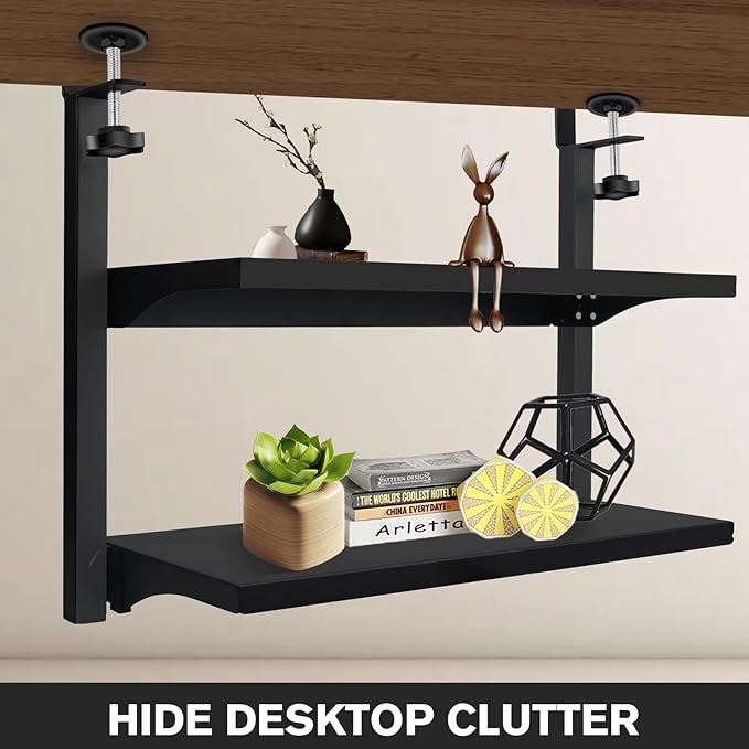 Clamp On Desk Shelf, Above or Under Office Desktop Shelves,Desk Attachment Shelf,Clip On Table Extension, Desk Extender Organizer Shelving for Gaming Organization Accessories