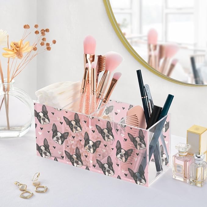 Cartoon French Bulldog Pink Acrylic Pencil Pen Holder Desk Accessories Holder, Cosmetic Brush Organizer Modern Design Desktop Stationery Organizer for Office School Home 7.87 x 2.48 x 3.54 In