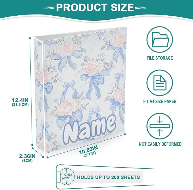 Custom 3 Ring Binder Blue Bows Pink Roses 1.5" Round Ring Binders Personalized Name View Binder with 200 Sheet for Kids School Supplies Women Men Office, 1 Pack