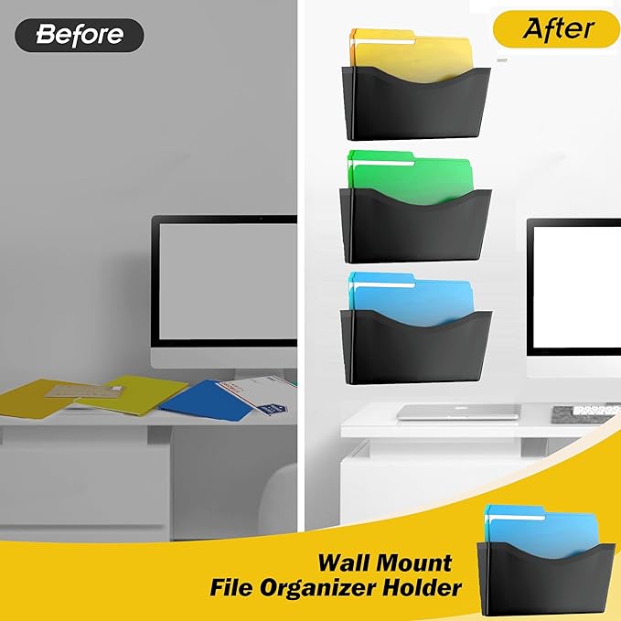 Kuntine.B 3 Pack Black Single Pocket File Holder Hanging Wall Organizer, Wall Mount Mails Magazines Organizer for Office and Home