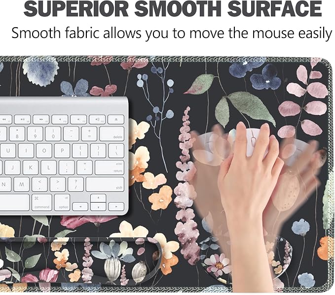 Gaming Mouse Pad Wrist Support Set, XXL Large Desk Mat Mousepad + Keyboard Wrist Support+ Mouse Wrist Rest+Coaster 4in1 Ergonomic, Memory Foam, Stitched Edge for Home Office -Flowers Plants