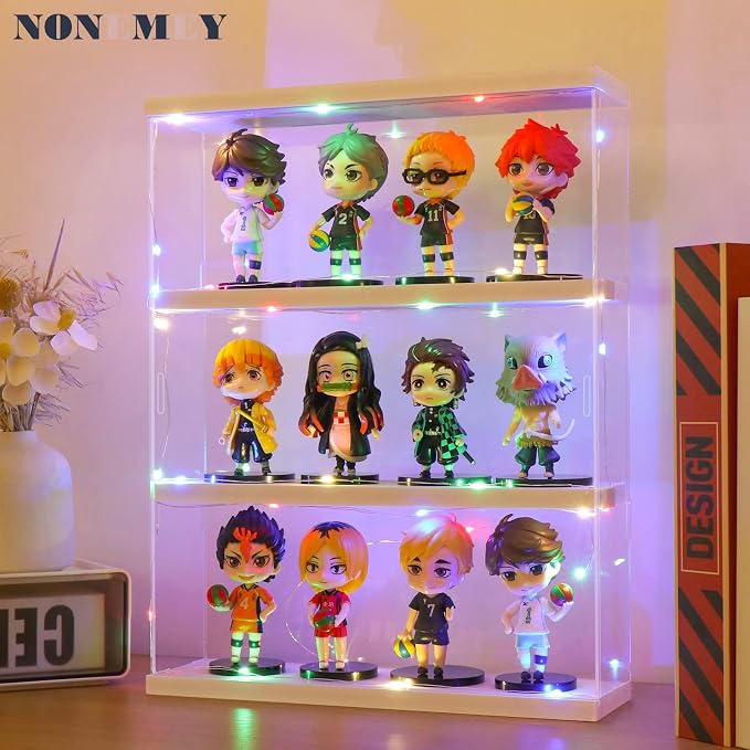 NONEMEY Clear Acrylic Display Case Stand 3 Tier Storage Box Wall Mount Showcase Dustproof Organizer Box for Collectibles (White 3Tier 12×3.3×15inch)