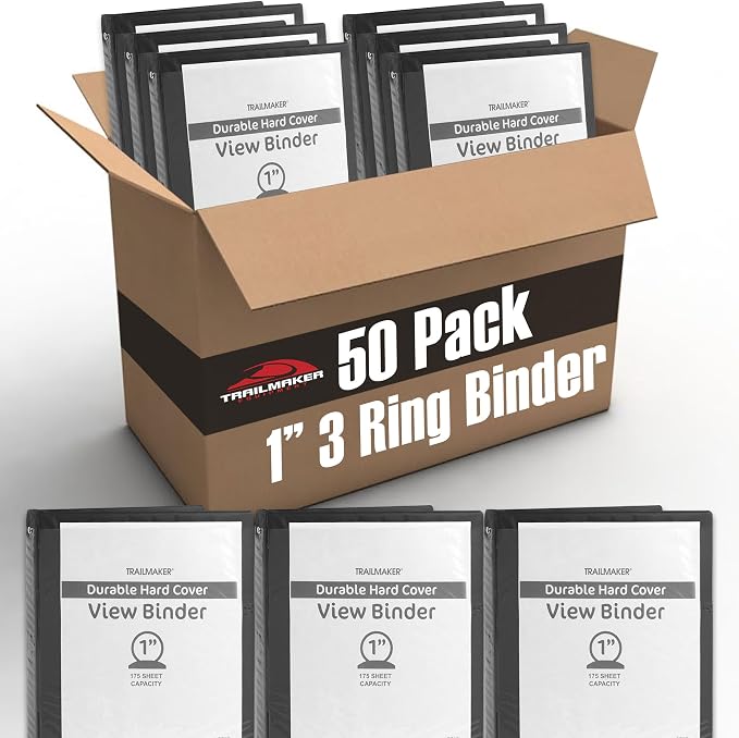 Trail Maker 1 inch Binders (50 Pack),3 Ring Hardcover Binders in Bulk with Clear View Cover, Pockets for Classroom, Office, Portfolios | Bulk School, Teacher, Office Supplies (Black Only Pack)