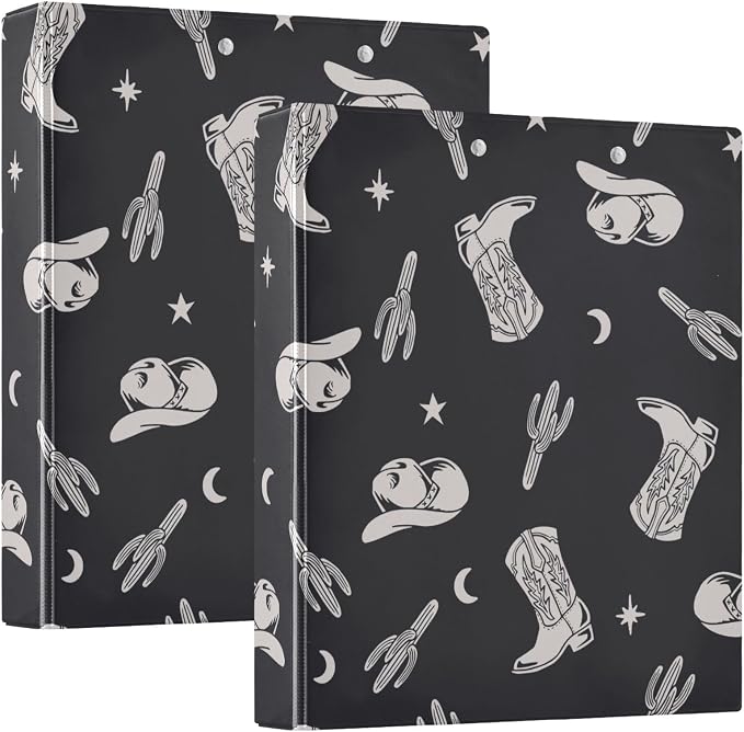 Western Cactus Cowboy Black Decorative 3 Ring Binder 1.5 Inch Large View Binders with Pockets File Organizer for Office College School, 1 Pack