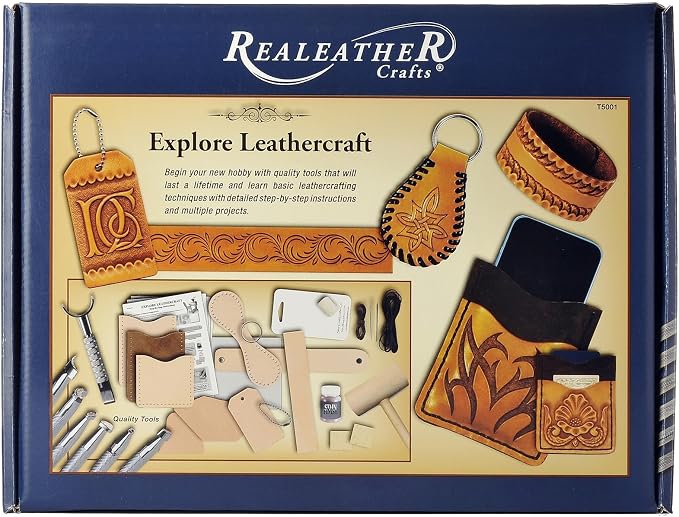 Realeather Explore Leathercraft Kit with Card Sleeve, Bookmark, Laced Key Fob, Wristband and Bag Tag
