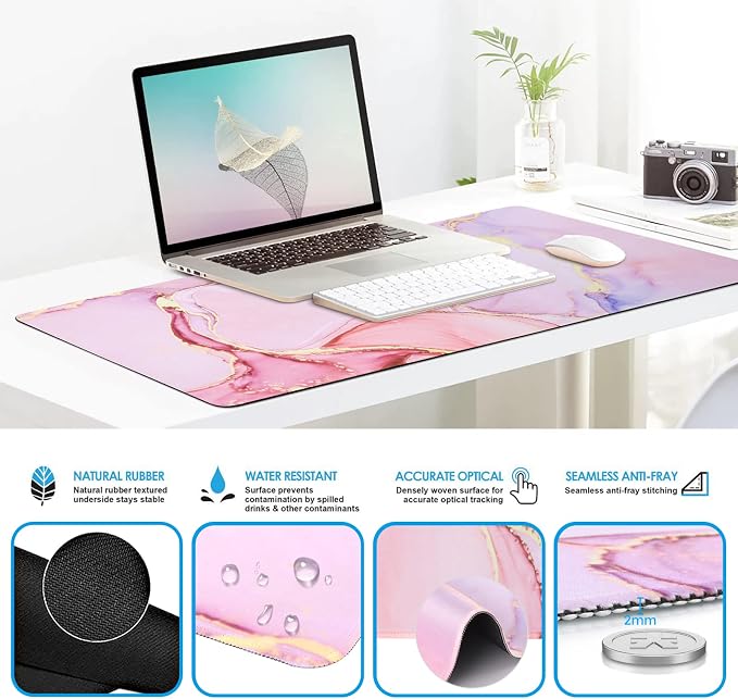 iCasso Glitter Marble Computer Mat 35.4"x15.7", Table Mat for Gaming | Elegant Home Ergonomic Desk Pad with Keyboard Wrist Rest, Mousepad Set for Students Computer Office Workspace Area