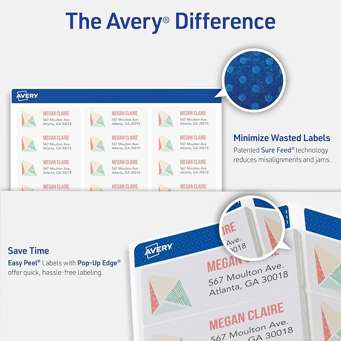 Avery® Printable Address Labels, Sure Feed® Technology, 1" x 2-5/8", Matte Clear, Compatible with Inkjet Printers, 750 Blank Labels Total, Great for Mailing, Branding, and More (8660)