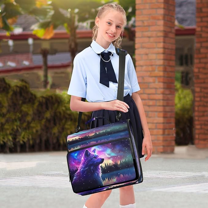 Stars Wolf Print Zipper Binder Bag 3 Ring with Shoulder Strap & Handle Multi Pocket Binder Organizer Bag Large Capacity for School Office Supplies