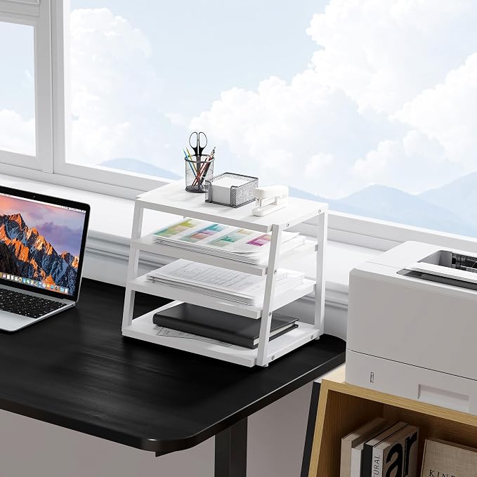 Fenge Desk Shelf Organizer, 4-Tier Tower Desktop Office Shelves, White | Wood and Metal Open Shelf, Corner File Organizer for Office Supplies, Top of Desk Organizers and Accessories