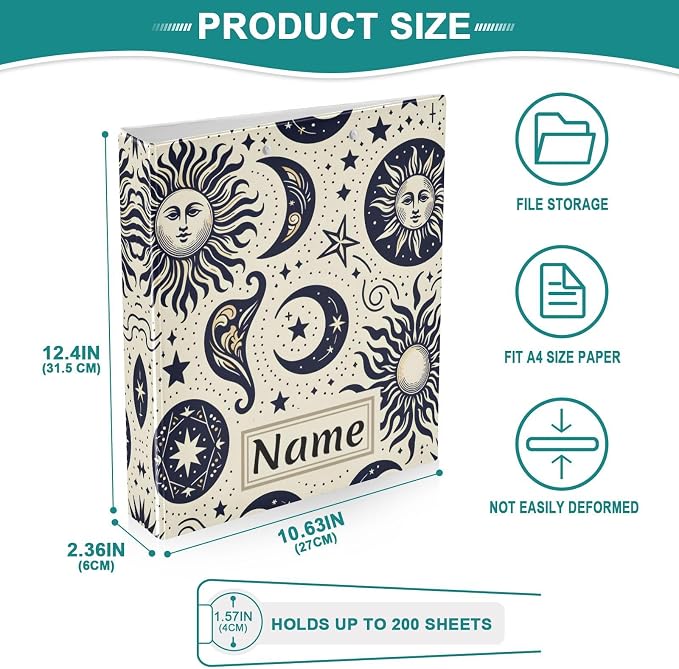 Custom 3 Ring Binder Sun Moon Crescent Boho Stars 1.5" Round Ring Binders Personalized Name View Binder with 200 Sheet for Women Men Office Kids School Supplies, 1 Pack