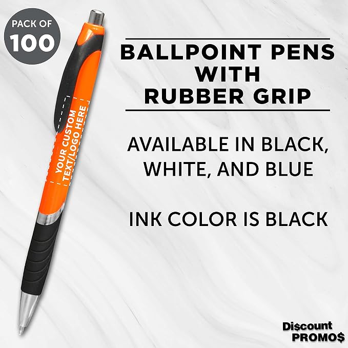 DISCOUNT PROMOS Ballpoint Pens With Rubber Grip - 100 pack - Customizable Text, Logo - Black Ink Ball Point Pen with Soft Touch Plastic - Orange