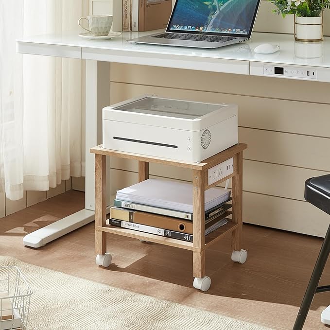YUFAM 2 Tier Under Desk Printer Stand with Charging Station, Natural | Wooden Small Printer Table for Home Office, Rolling Printer Cart Shelf with Lockable Wheels