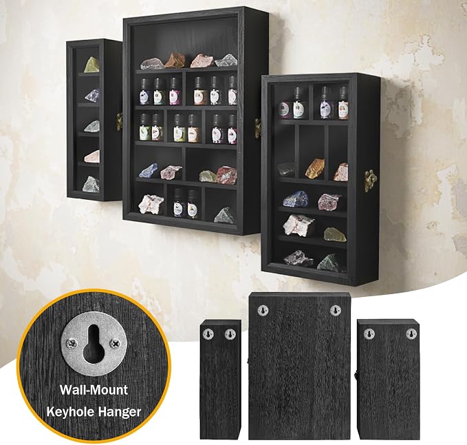 Ikee Design 3-Pc Wall-Mounted Wooden Cubby Display Shelf, | 3-PIECE SHADOW BOX SET: wall shelves with doors and 24 compartments for collectibles and mini figures.