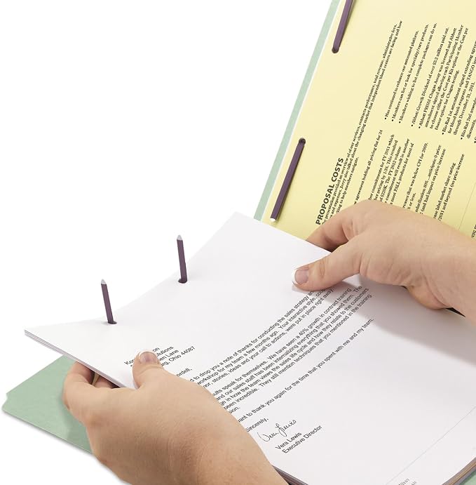 Smead End Tab Pressboard Fastener File Folder with SafeSHIELD Fasteners, 2 Fasteners, 3" Expansion, Letter Size, Gray/Green, 25 per Box (34725)