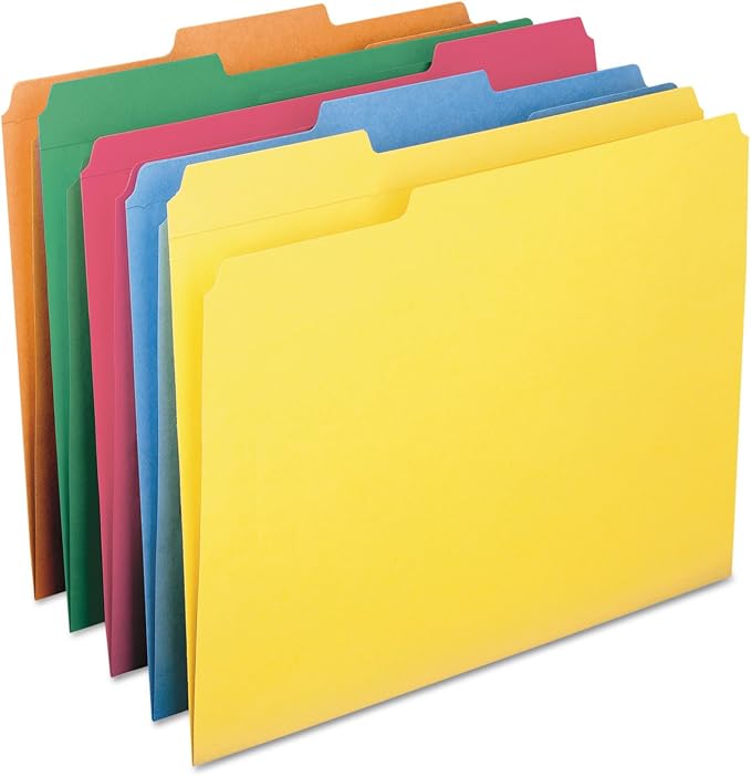 Smead File Folder, Reinforced 1/3-Cut Tab, Letter Size, Assorted Colors, 100 per Box (11993) | Premium colored stock, two-ply reinforced tabs in 3 positions, color-coded home and office drawer filing, SFI certified