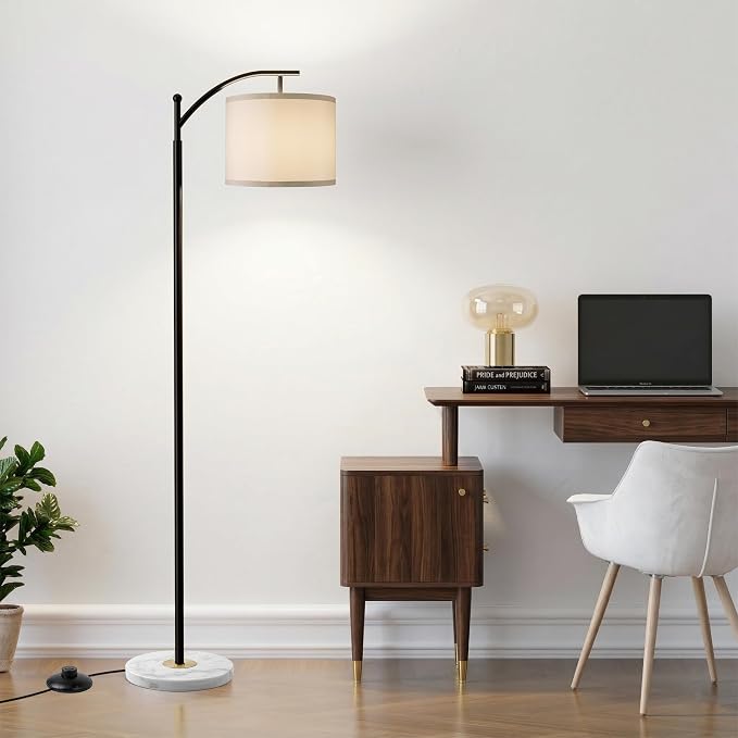 Floor Lamp for Living Room with Marble Base, Modern Standing Lamp with 3 Color Temperatures Bulb & Adjustable Linen Shade, Tall Lamp for Bedroom Office Reading Nursery