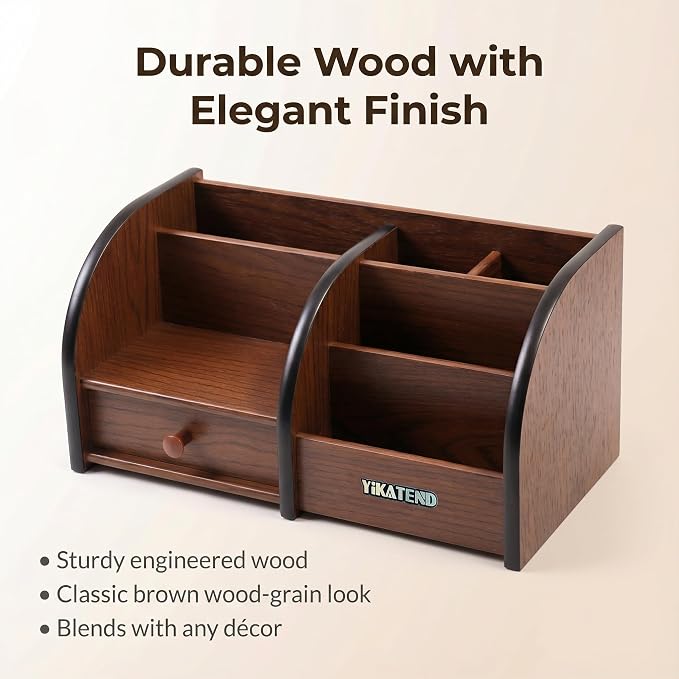 Wooden Desk Organizer with Drawer, Multi-Compartment Desktop Storage for Office Supplies, Remote Control, Phone, Makeup & Accessories