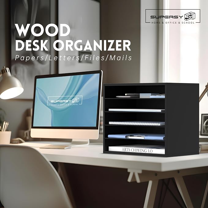 5 Tier Wood Desk Organizer, Mail Sorter and Paper Organizer for Desk, Black | Wooden Desktop Organizer for Sorting Papers, Letters and Mails, Literature Organizer for Home Office, Classroom Organization