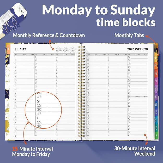 SUNEE 2026-2027 Appointment Book, Quarter-Hourly, Weekly & Monthly - from July 2026 to June 2027, 8.5"x11" Academic Planner, Flexible Cover, Note Pages, Bookmark, Spiral Binding, Vintage